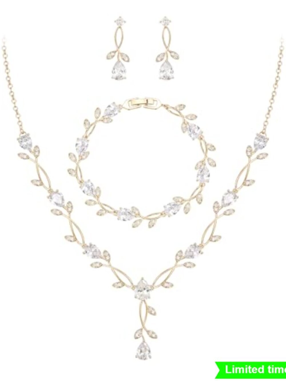 Cubic Zirconia Pearl Leaf Bridal Jewelry Set Necklace Earrings Bracelet